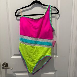 Popvil Women's Neon One Piece Swimsuit XL Preppy One Shoulder NWT
